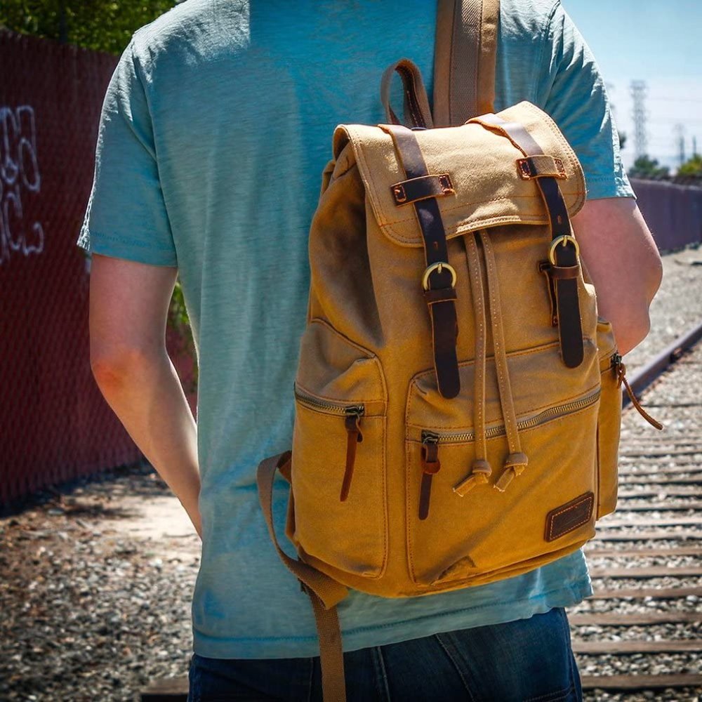 New GEARONIC TM 21L Vintage Canvas Backpack for Men Leather Rucksack Knapsack - Picture 2 of 4